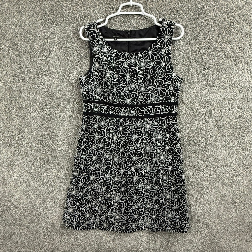 Talbots Womens 10 Black White Floral Embroidered Linen Cotton Sheath Dress